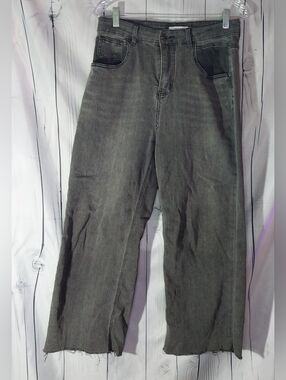 HDLTE High Rise Wide Leg Baggy 90's Y2K Grunge Raw Hem Gray Wash Jeans